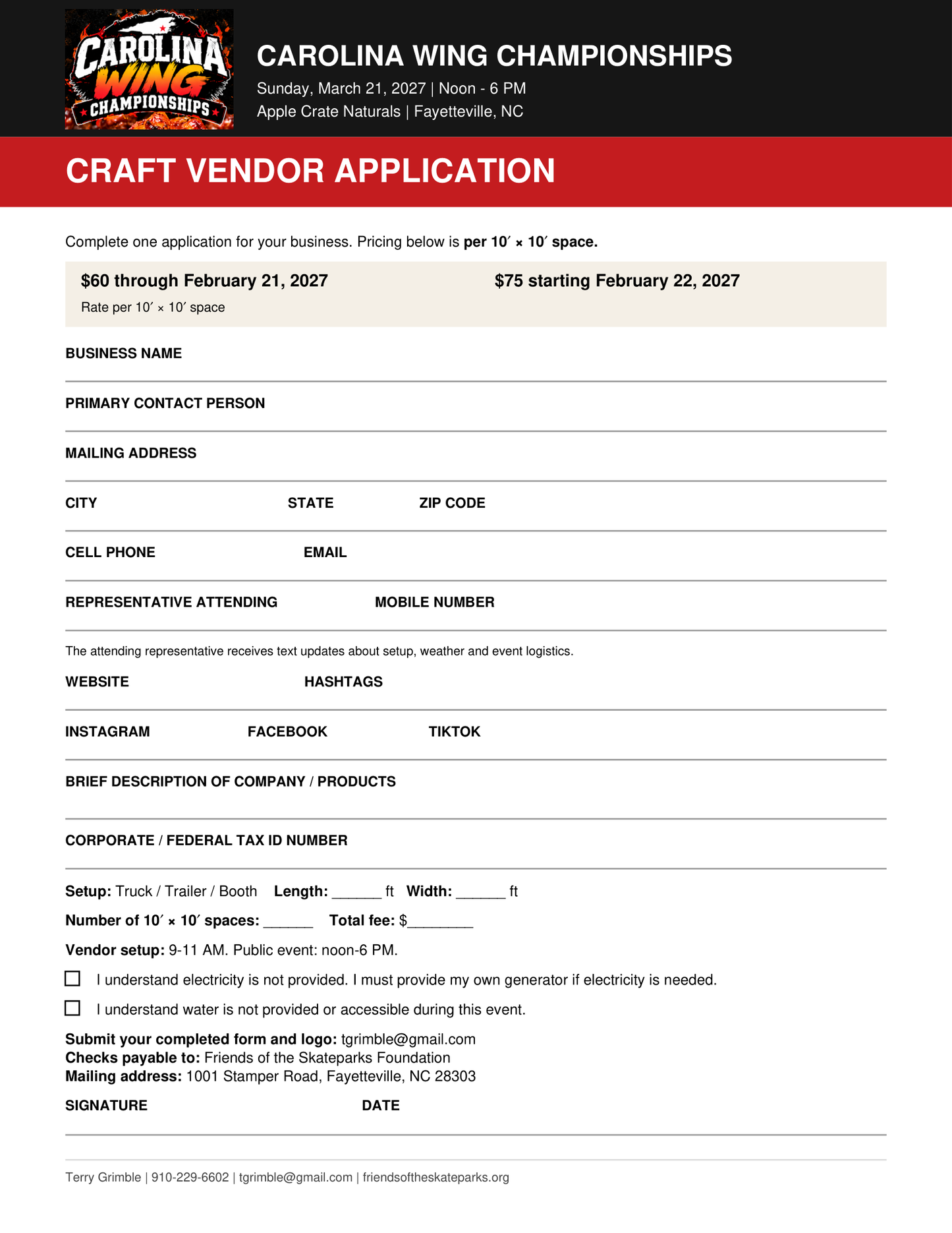 CWC CRAFT VENDOR CAROLINA WING CHAMPIONSHIPS 2027