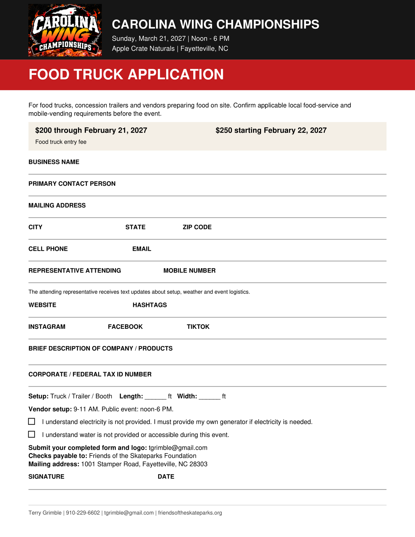 CWC FOOD TRUCK VENDOR CAROLINA WING CHAMPIONSHIPS 2027