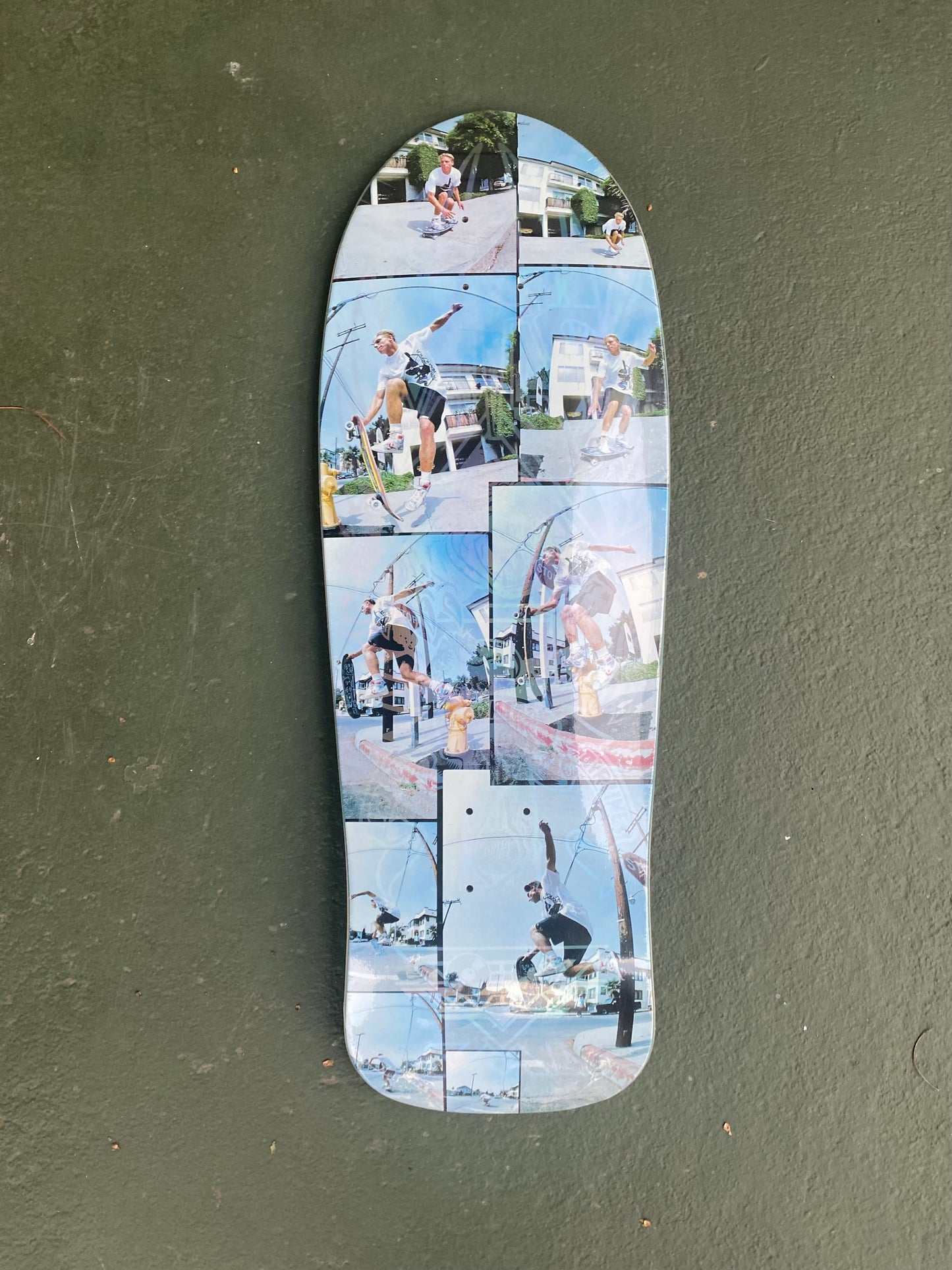 SMA Natas blind bag reissue skateboard deck by Santa Cruz with holographic panther 3 graphics with photo by J. Grant Brittain 10.538in X 30.14in